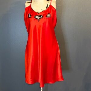 Elegant Red Satin Nightgown with Lace Detail